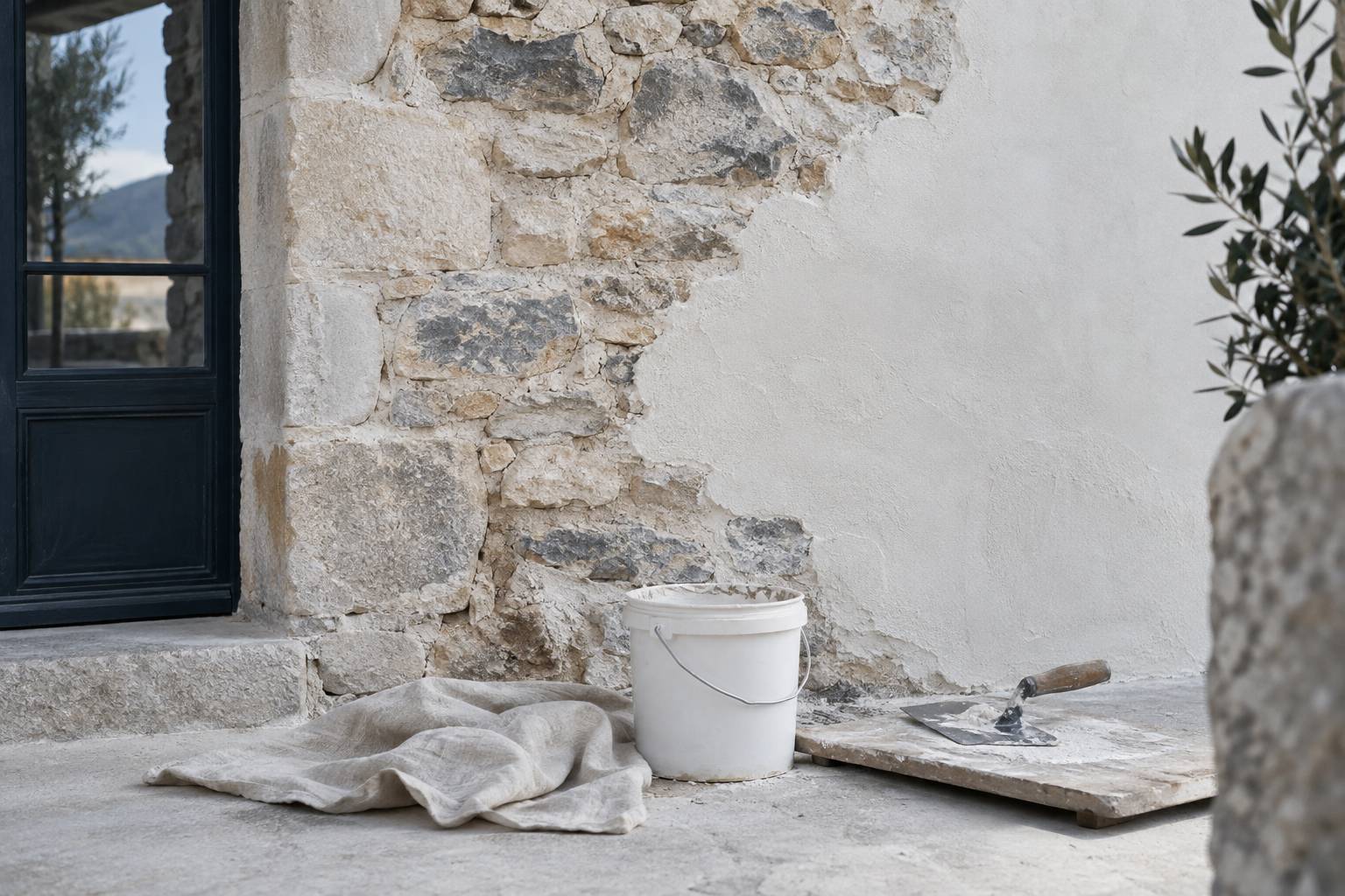 Pan de mur en cours d'enduit avec truelle et seau de chantier